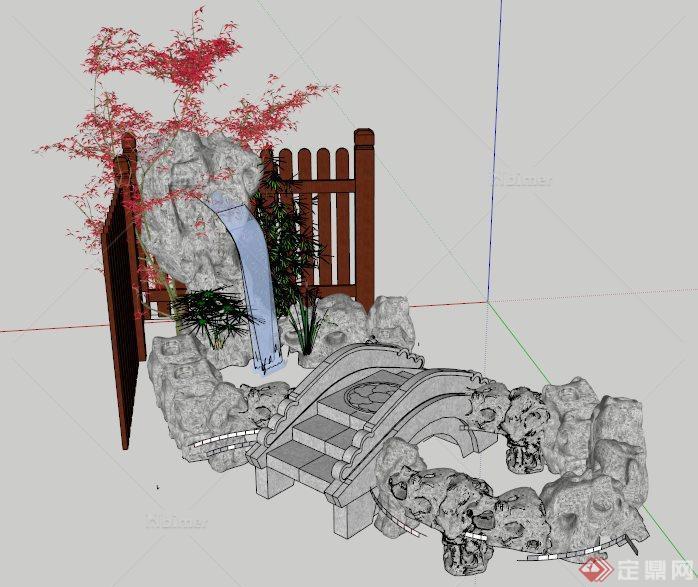 园林景观景石水池su模型