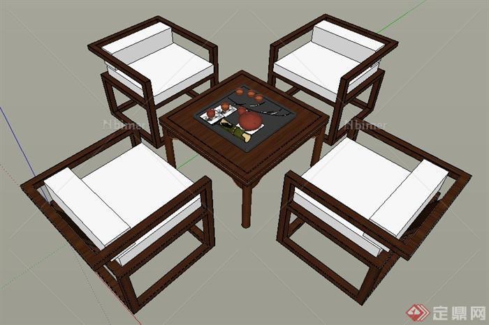 中式风格茶桌椅su模型