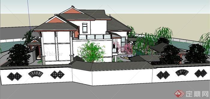 某现代中式风格滨海独栋别墅建筑设计SU模型[原创