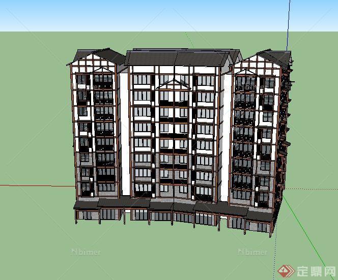 现代中式联排小高层住宅建筑设计SU模型