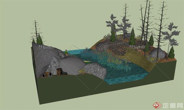 某生态水沟、景石水景设计su模型