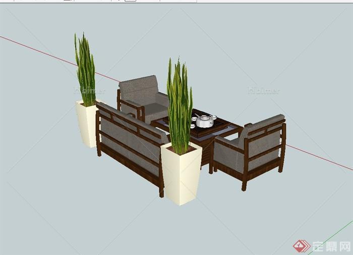 现代中式风格茶桌椅组合设计su模型