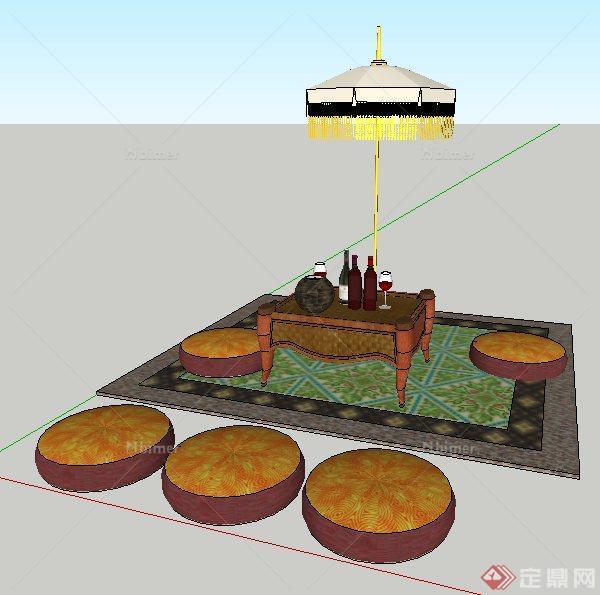 东南亚风格茶几、坐垫组合su模型