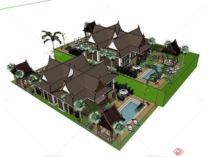 东南亚风格的度假别墅建筑设计su模型[原创]