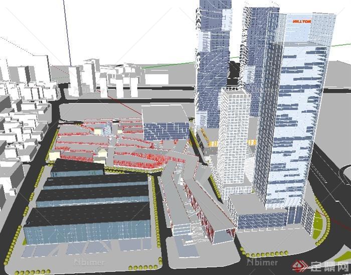 某现代购物中心、办公楼综合建筑设计SU模型