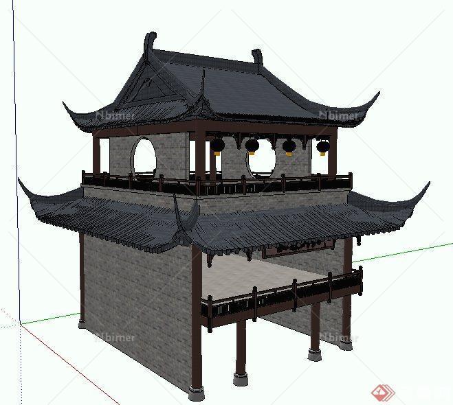 中式风格三层戏台建筑设计su模型