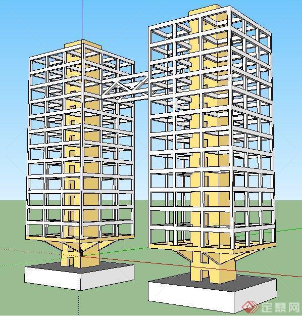 两栋高层建筑设计su框架模型