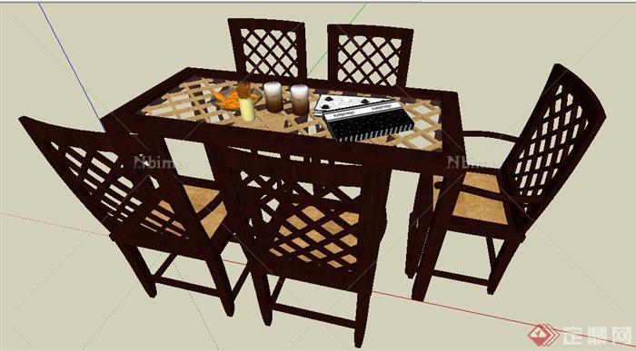 中式风格镂空木制餐桌椅su模型