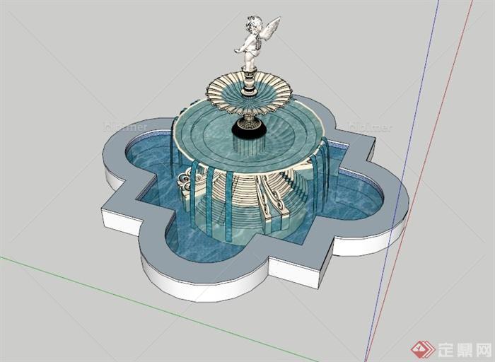 某新古典花型天使雕塑喷泉水池SU模型