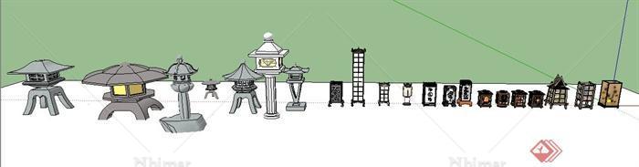 21款中国古典园林石灯和木灯su模型[原创]