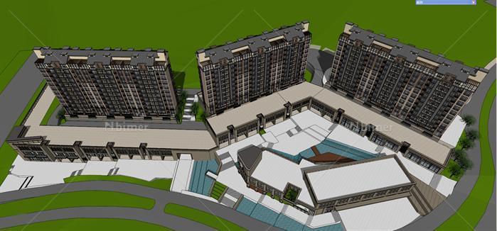 某欧式山地住宅楼、商业广场建筑设计方案SU模型