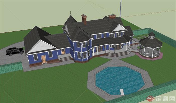 某欧式住宅别墅建筑设计带游泳池、景观亭su模型
