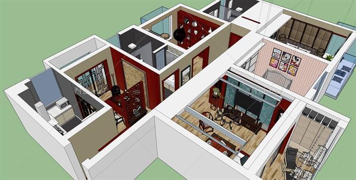 新中式三室两厅住宅室内设计su模型[原创]