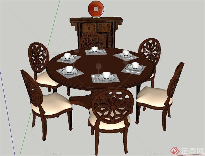 某木质中式六人餐桌椅设计SU模型