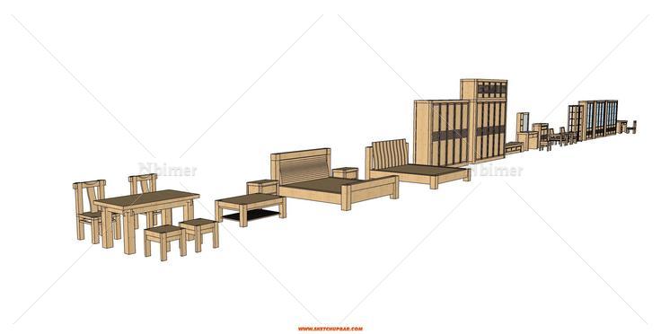 一套新中式的实木系列家具模型