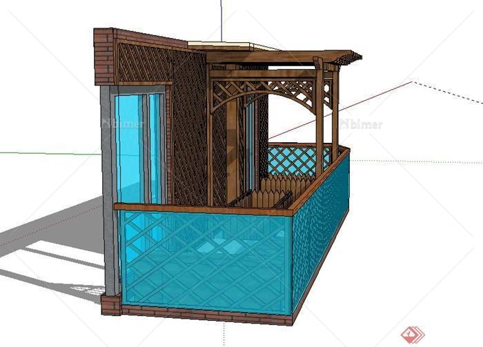 建筑阳台木廊架设计SU模型