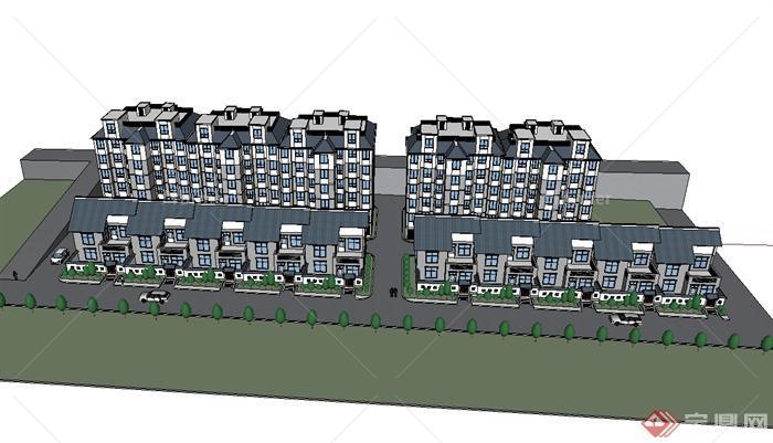 现代中式风格详细别墅及多层住宅楼设计su模型[原