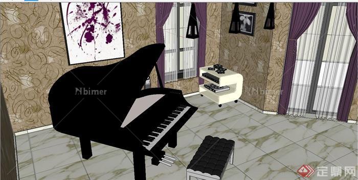 某现代风格住宅钢琴弹奏娱乐室室内设计SU模型[原