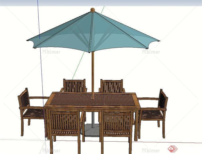 现代室外木质桌椅与遮阳伞设计SU模型