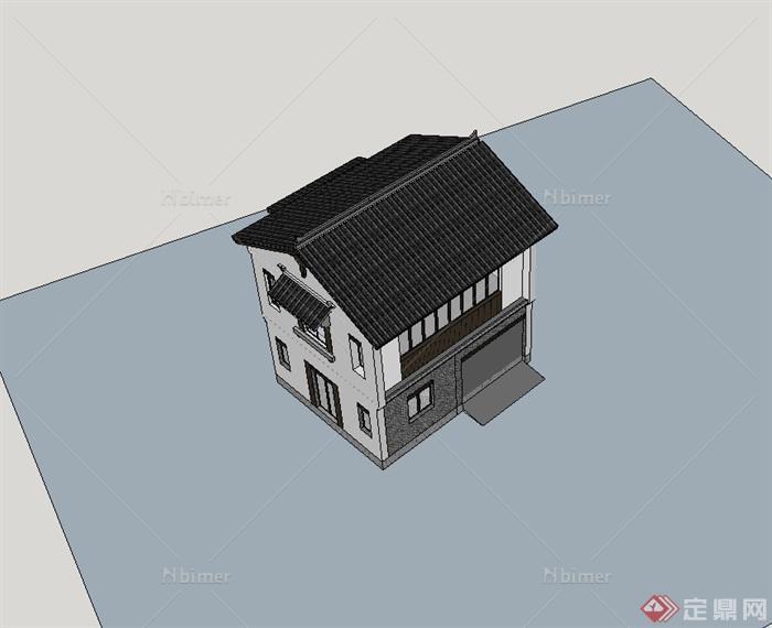 某现代中式风格小别墅建筑设计su模型[原创]