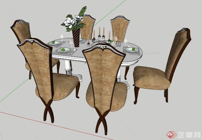 室内装饰欧式六人座餐桌椅su模型