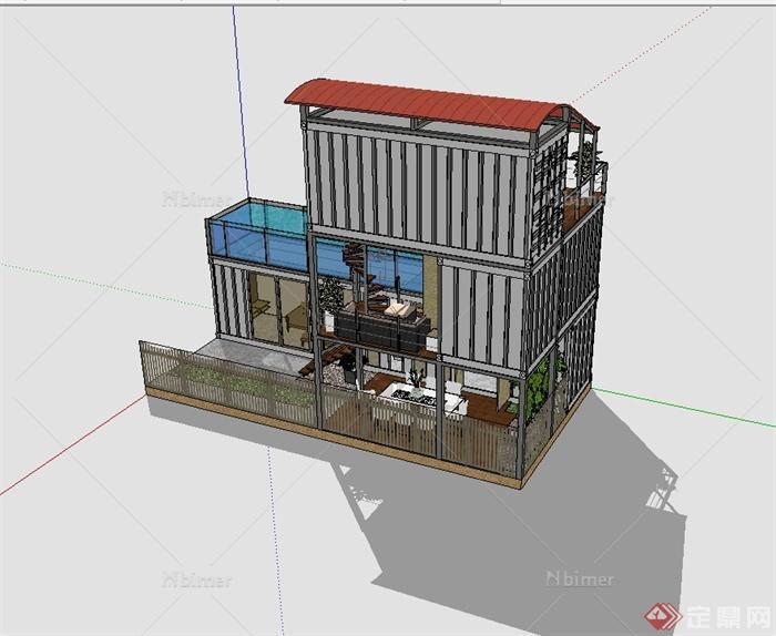 某现代风格详细精致集装箱别墅建筑设计SU模型[原