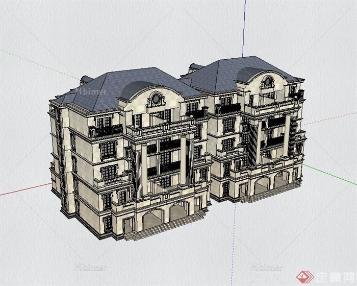 欧式风格多层精致小区住宅楼建筑设计SU模型[原创