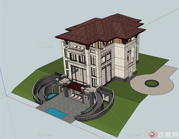 一栋欧式山地别墅建筑设计SU模型