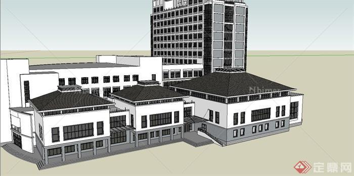 某现代中式风格大学校园图书馆建筑设计SU模型[原