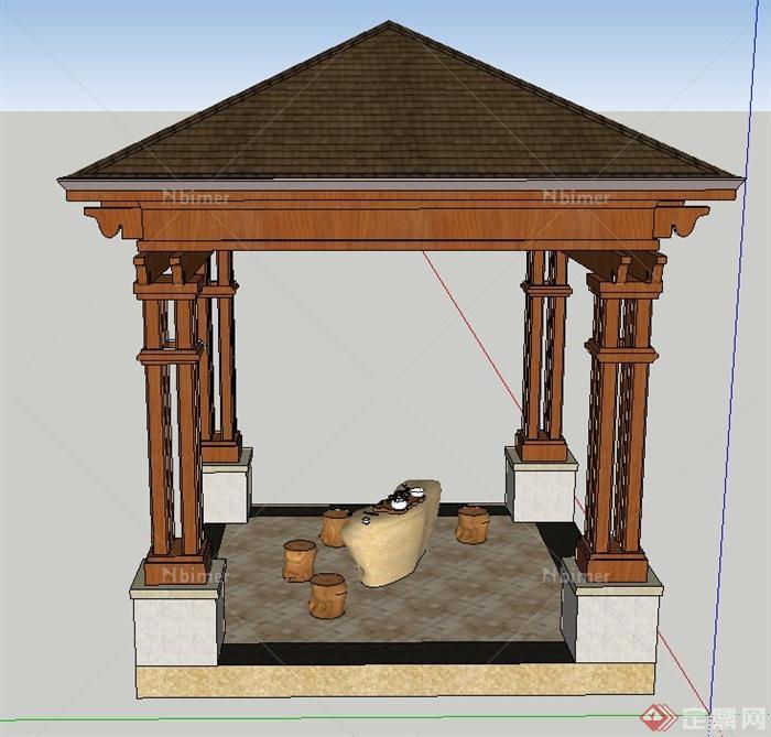 古典中式木质四角景观亭设计SU模型