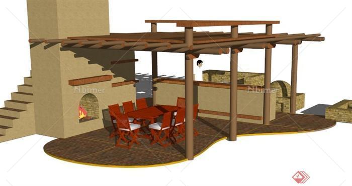 某木廊架餐桌组合SU模型