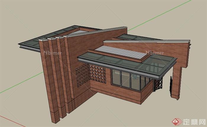 现代风格单层门卫室建筑设计su模型