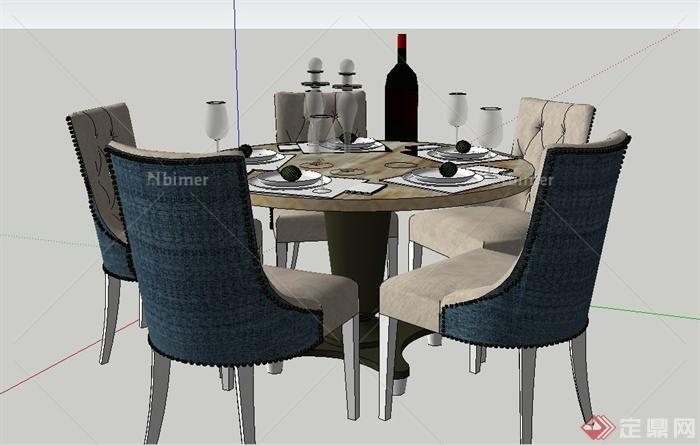室内五人圆形餐桌椅设计SU模型