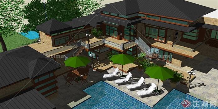 东南亚独栋别墅建筑设计su模型含庭院花园[原创]