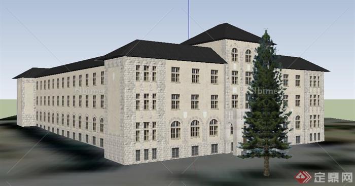 欧式风格四层办公楼建筑设计SU模型