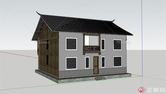 中式两层住宅楼瓦房建筑设计su模型