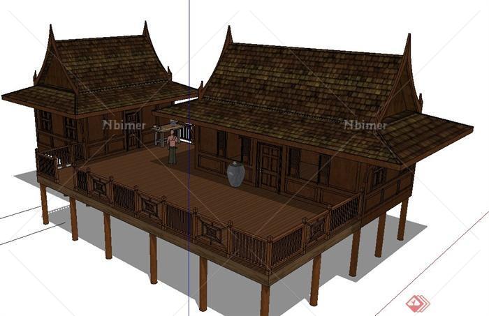 东南亚两栋单层高脚住宅建筑设计SU模型