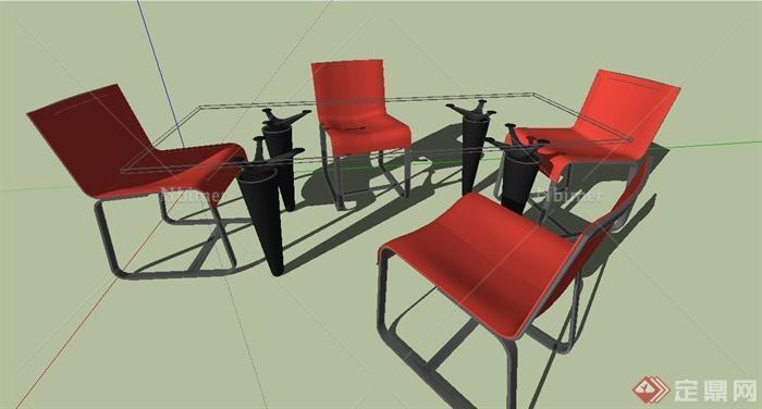 现代室内红色系四人桌椅设计SU模型