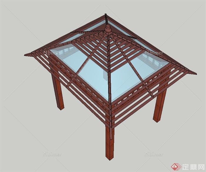 园林景观节点木质玻璃四角亭设计SU模型
