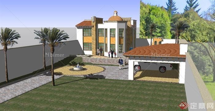 某欧式独栋别墅建筑设计su模型（含车库、庭院）