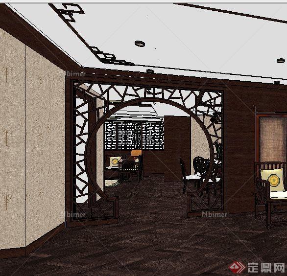 中式风格精美客餐厅家装室内设计Su模型[原创]
