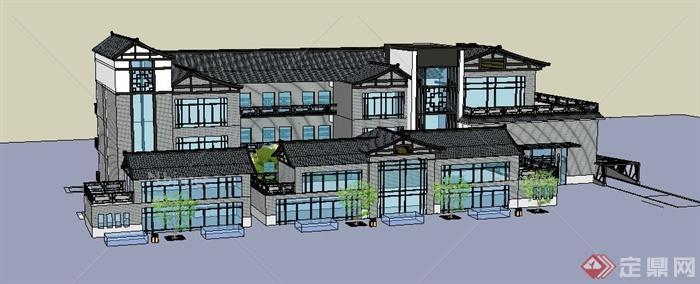 新中式风格办公楼建筑设计su单体模型[原创]