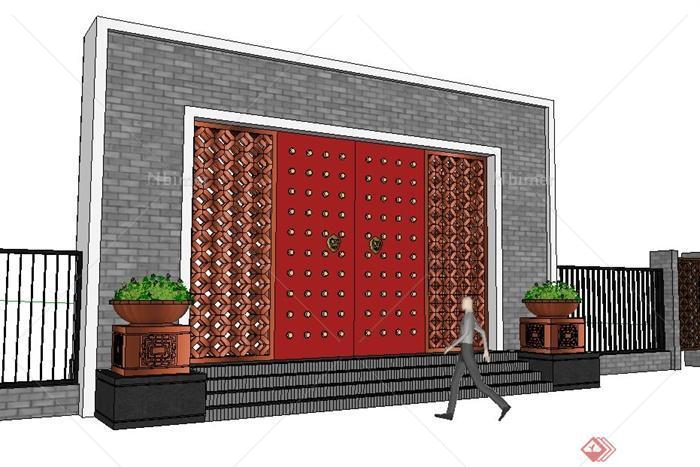 新中式圍牆及鏤空大門設計su模型原創