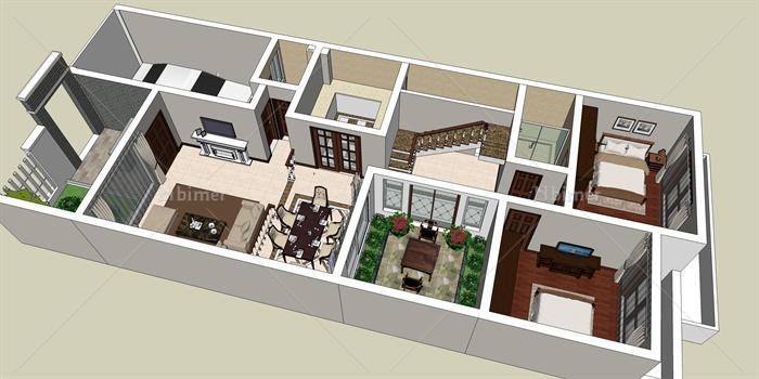 某现代中式风格完整的室内空间详细设计su模型[原
