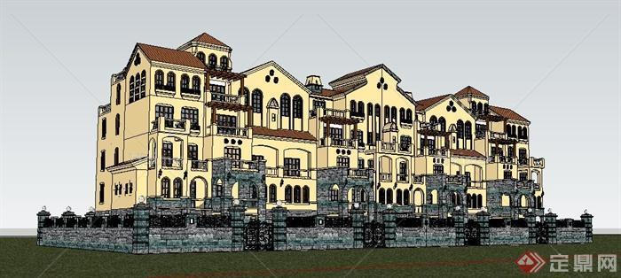 西班牙风格拼接花园洋房住宅建筑su模型[原创]