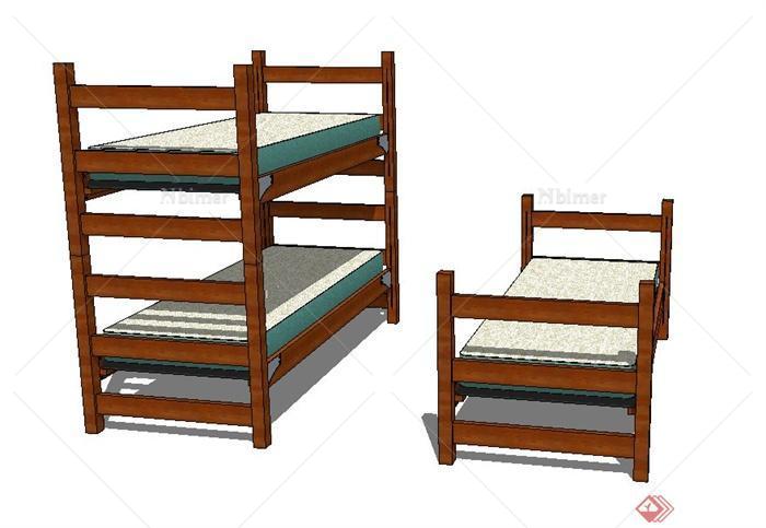木质单人床与高低床设计SU模型[原创]