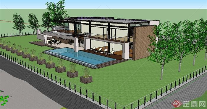 现代风格山体别墅带游泳池建筑设计SU模型