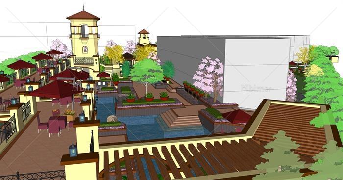 欧式风格详细精致住宅小区中庭景观设计su模型[原