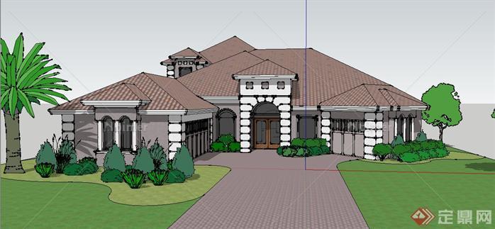 地中海风格别墅建筑和花园设计sketchup模型