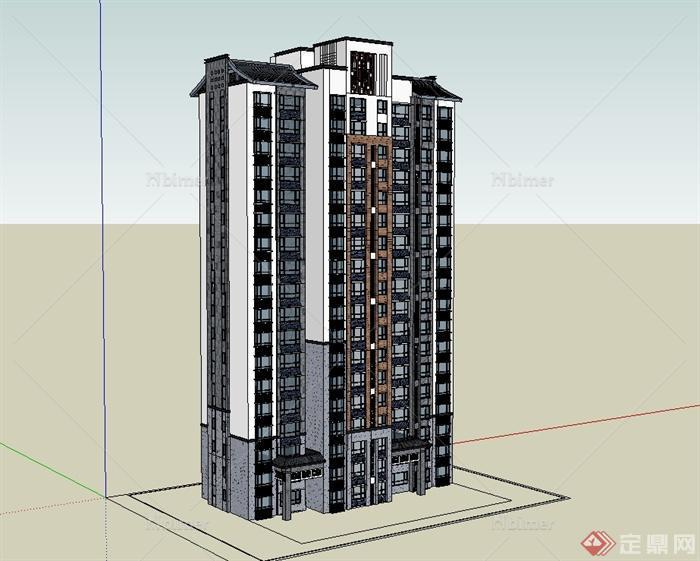 新中式风格小高层住宅建筑楼设计SU模型[原创]
